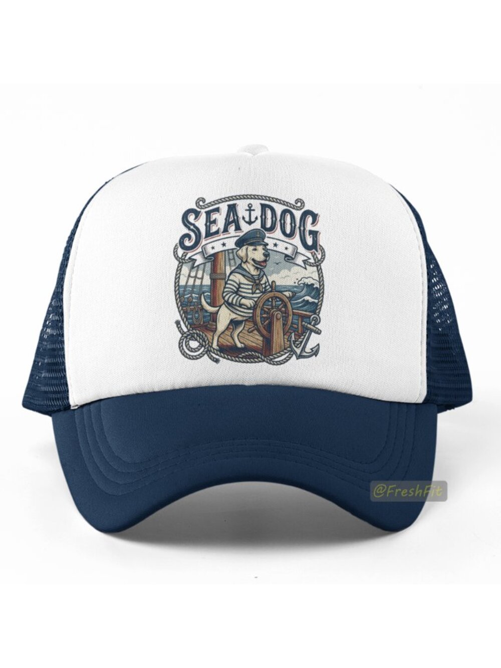 🆕Sea Dog Funny Sailor Dog Foam Trucker Hat Mesh Snapback Cap Navy/White